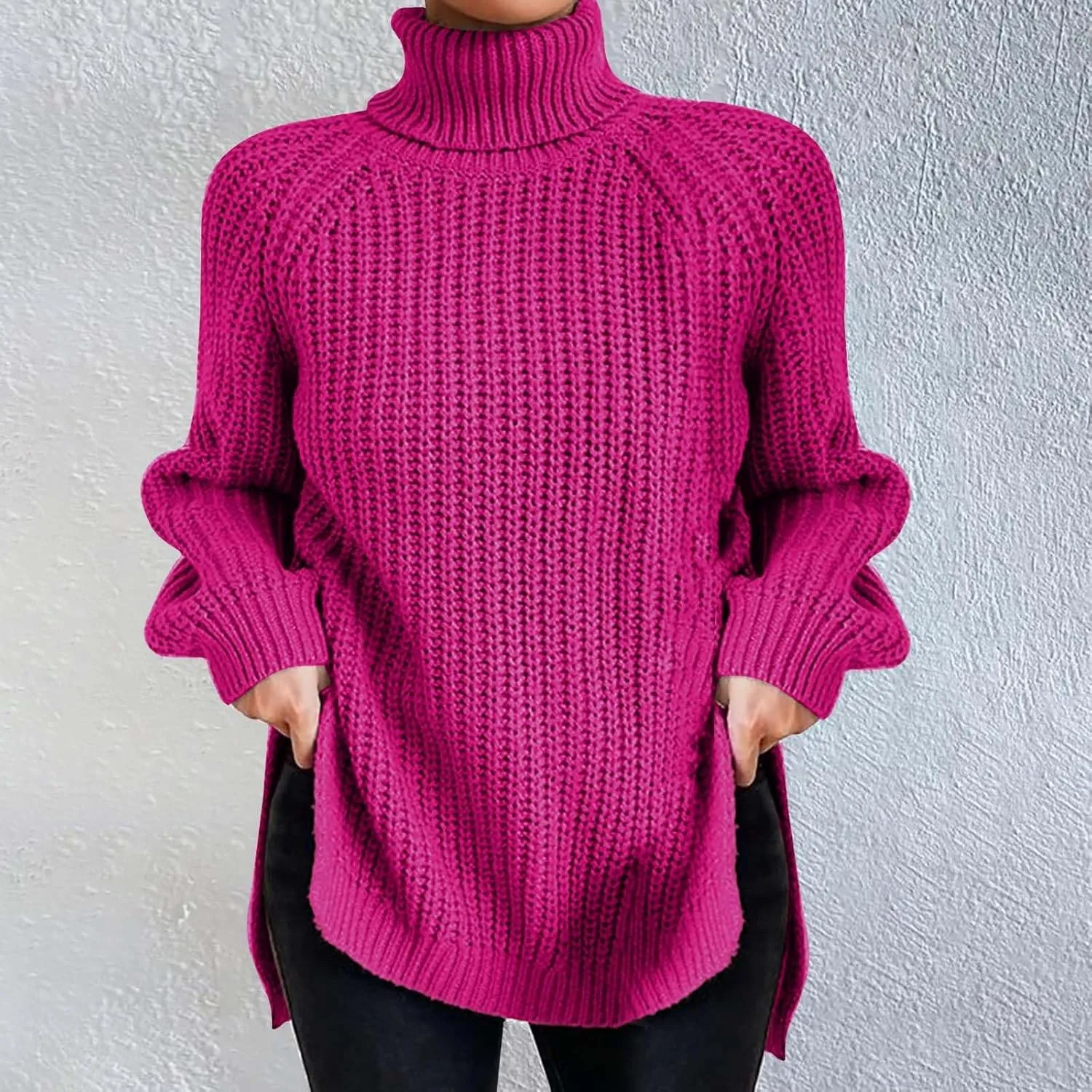 iLH Fall Sweater for Women 2024 Oversize Knit Sweaters Turtleneck Solid Chunky Pullover Sweatshirt Crochet Jumper Tops