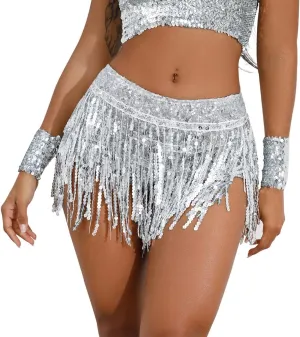 IWEMEK Belly Dance Hip Skirt Women Sequin Tassel Skirts Shorts Booty Dance Festival Bottoms Sequin Skirt with Sparkly Fringe