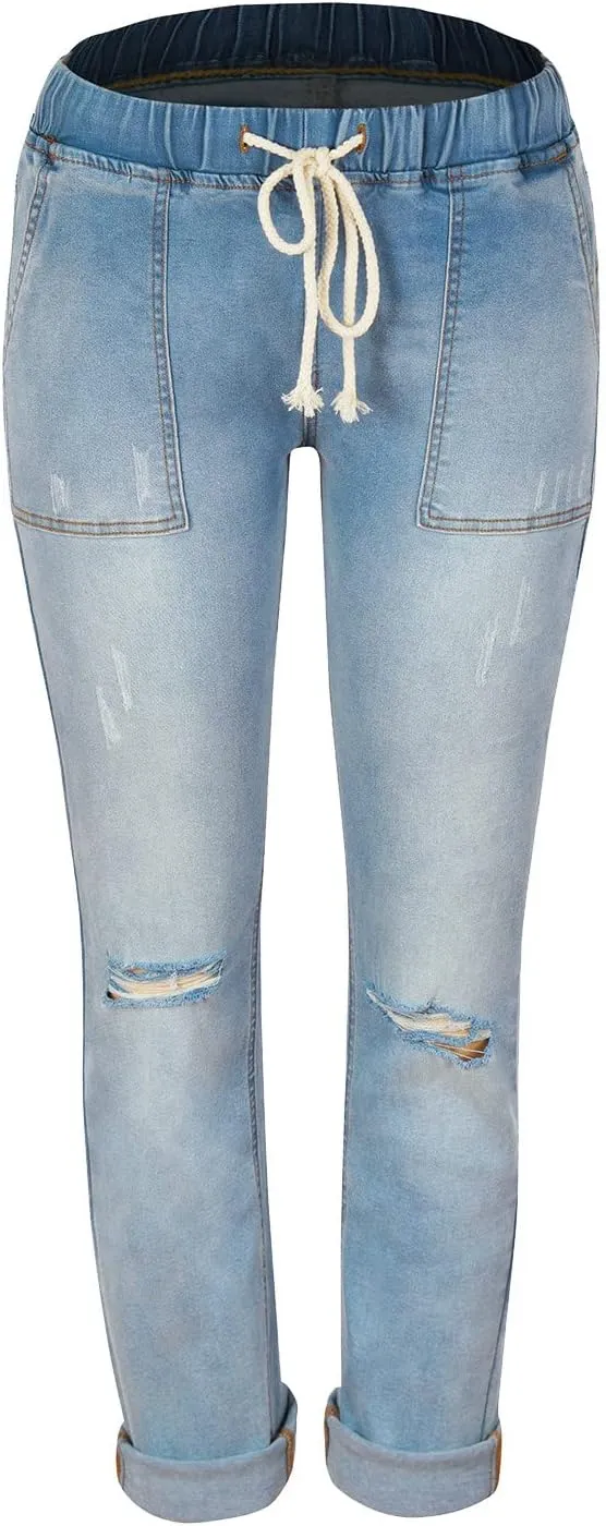 Jeans for Women Trendy Women Stretchy High Waisted Straight Leg Starp Boyfriend Jeans Frayed Jean Leggings with