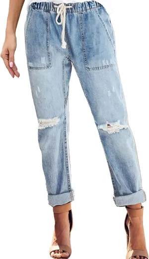 Jeans for Women Trendy Women Stretchy High Waisted Straight Leg Starp Boyfriend Jeans Frayed Jean Leggings with