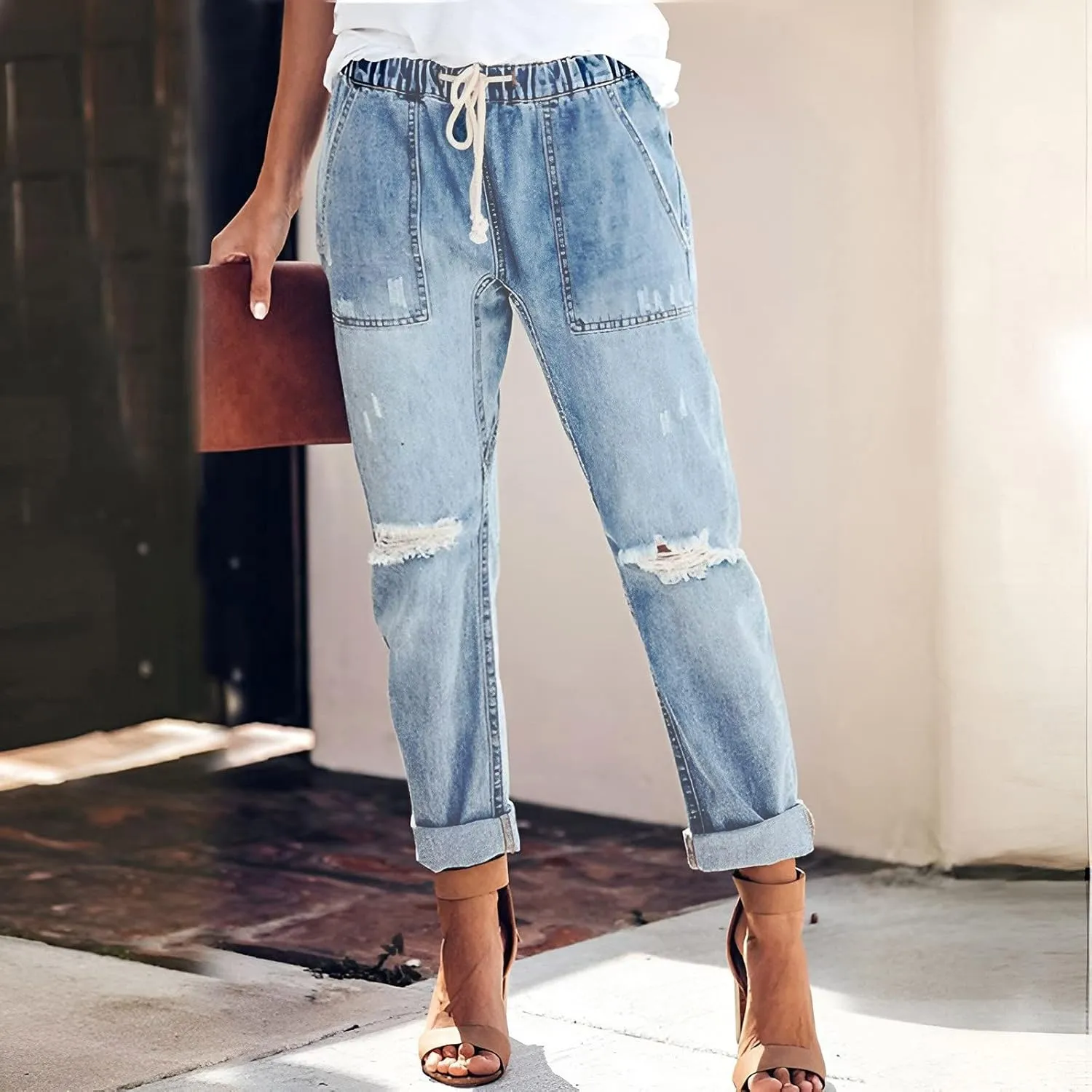 Jeans for Women Trendy Women Stretchy High Waisted Straight Leg Starp Boyfriend Jeans Frayed Jean Leggings with