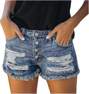 JiXiang Jeans Shorts for Women Hot Summer High Waisted Ripped Stretchy Jeans Shorts Frayed Raw Hem Casual Denim Shorts