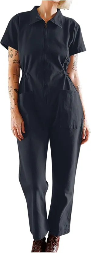JOAU Short Sleeve Wide Leg Cotton Linen Jumpsuits for Women Summer Casual Zip Up Lapel Collar One Piece Romper with Pockets