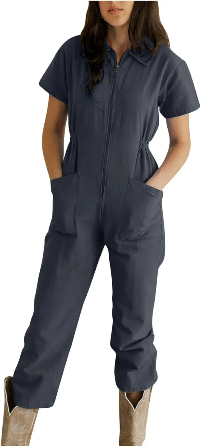 JOAU Short Sleeve Wide Leg Cotton Linen Jumpsuits for Women Summer Casual Zip Up Lapel Collar One Piece Romper with Pockets