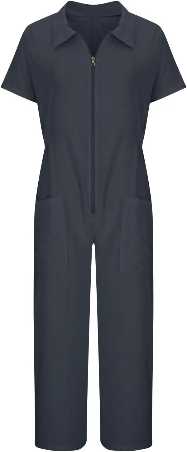 JOAU Short Sleeve Wide Leg Cotton Linen Jumpsuits for Women Summer Casual Zip Up Lapel Collar One Piece Romper with Pockets