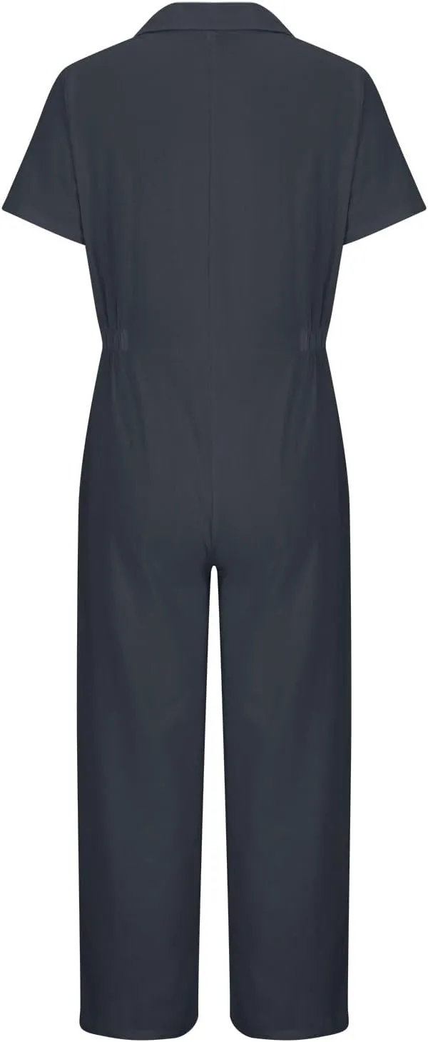 JOAU Short Sleeve Wide Leg Cotton Linen Jumpsuits for Women Summer Casual Zip Up Lapel Collar One Piece Romper with Pockets