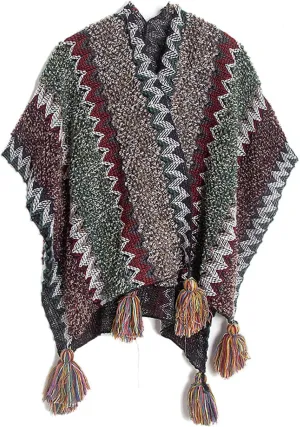 JOAU Women's Chunky Cable Knit Vintage Ethnic Tassel Striped Poncho Shawl Open Front Cardigan Sweater Fringe Cape Wrap