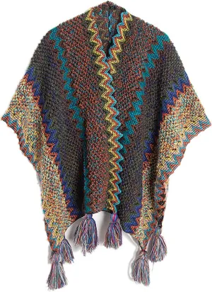 JOAU Women's Chunky Cable Knit Vintage Ethnic Tassel Striped Poncho Shawl Open Front Cardigan Sweater Fringe Cape Wrap