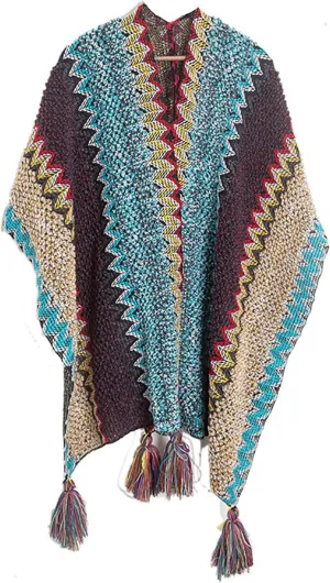 JOAU Women's Chunky Cable Knit Vintage Ethnic Tassel Striped Poncho Shawl Open Front Cardigan Sweater Fringe Cape Wrap