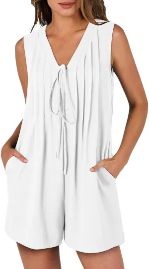 JOAU Women's Summer Casual Sleeveless Romper V Neck Tie Front Pleated Shorts Overalls Jumpsuit with Pockets 2025 Clothes