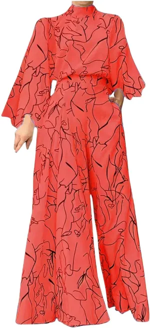 JOAU Women's Summer Print Jumpsuits Dressy Casual One Piece Outfit Long Sleeve Mock Neck Zip Tie Back Wide Leg Pants Rompers
