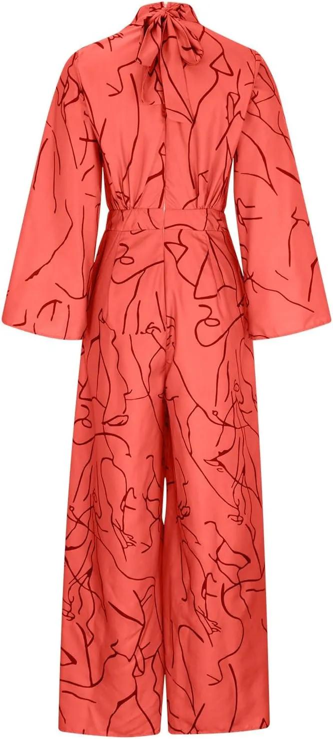 JOAU Women's Summer Print Jumpsuits Dressy Casual One Piece Outfit Long Sleeve Mock Neck Zip Tie Back Wide Leg Pants Rompers