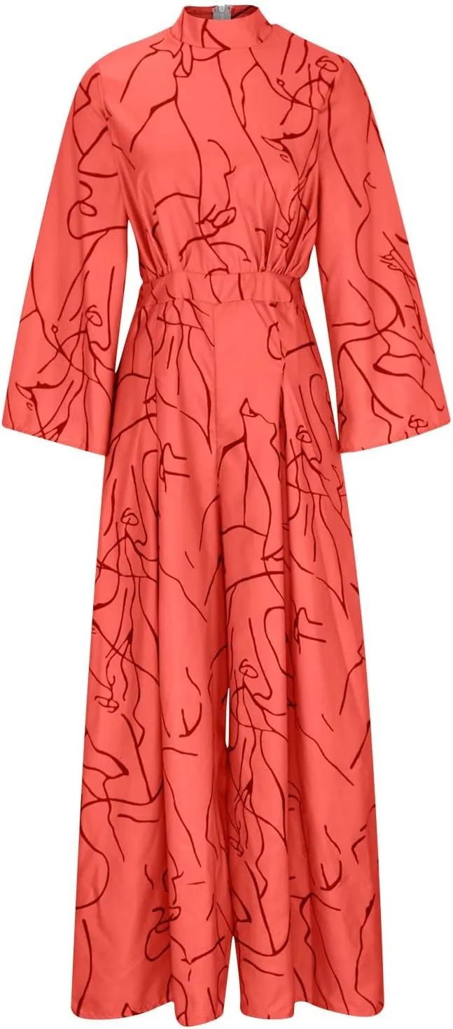 JOAU Women's Summer Print Jumpsuits Dressy Casual One Piece Outfit Long Sleeve Mock Neck Zip Tie Back Wide Leg Pants Rompers