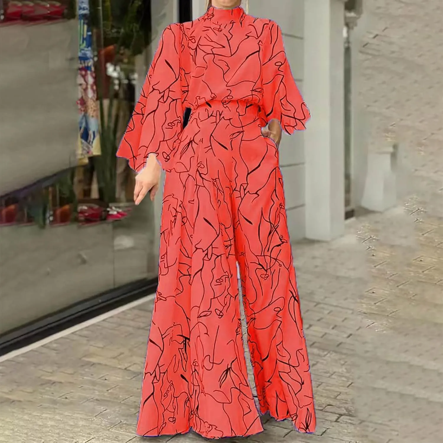 JOAU Women's Summer Print Jumpsuits Dressy Casual One Piece Outfit Long Sleeve Mock Neck Zip Tie Back Wide Leg Pants Rompers