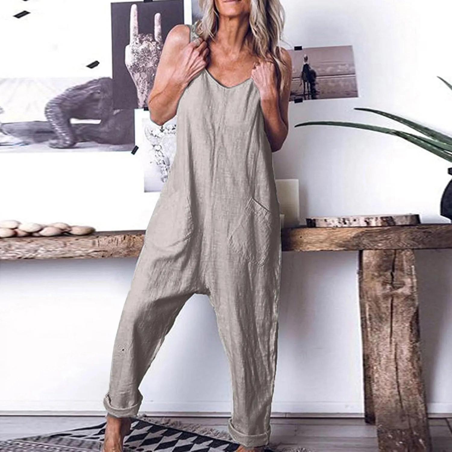 JOAU Women's Summer Sleeveless Cotton Linen Romper Casual V Neck Wide Leg Loose Fit Jumpsuit One Piece Outfit with Pockets