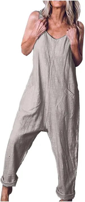 JOAU Women's Summer Sleeveless Cotton Linen Romper Casual V Neck Wide Leg Loose Fit Jumpsuit One Piece Outfit with Pockets