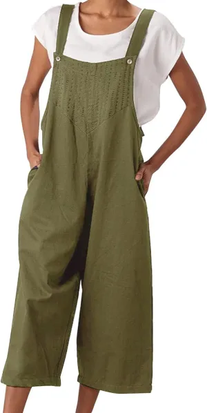 Jumpsuits for Women Cotton Linen Casual Bib Overall Summer Beach Sleeveless Jumper Wide Leg Pants Romper with Pockets