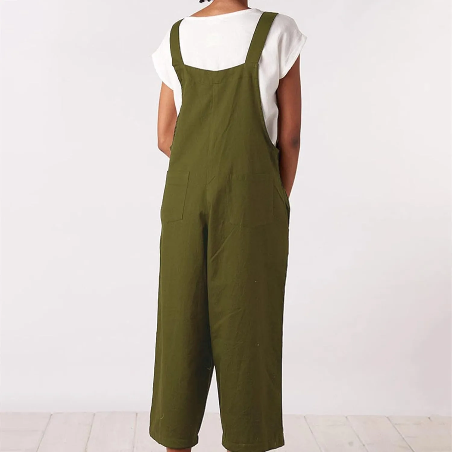 Jumpsuits for Women Cotton Linen Casual Bib Overall Summer Beach Sleeveless Jumper Wide Leg Pants Romper with Pockets