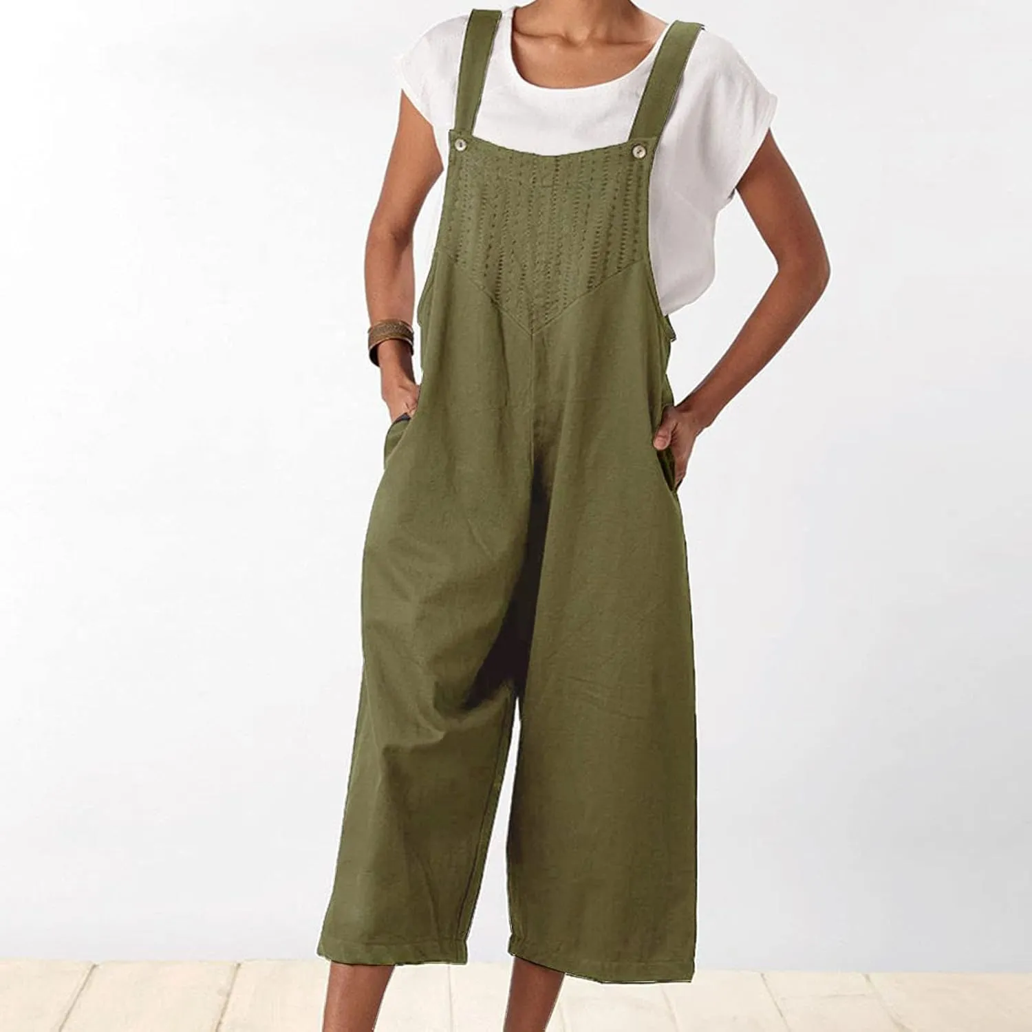 Jumpsuits for Women Cotton Linen Casual Bib Overall Summer Beach Sleeveless Jumper Wide Leg Pants Romper with Pockets