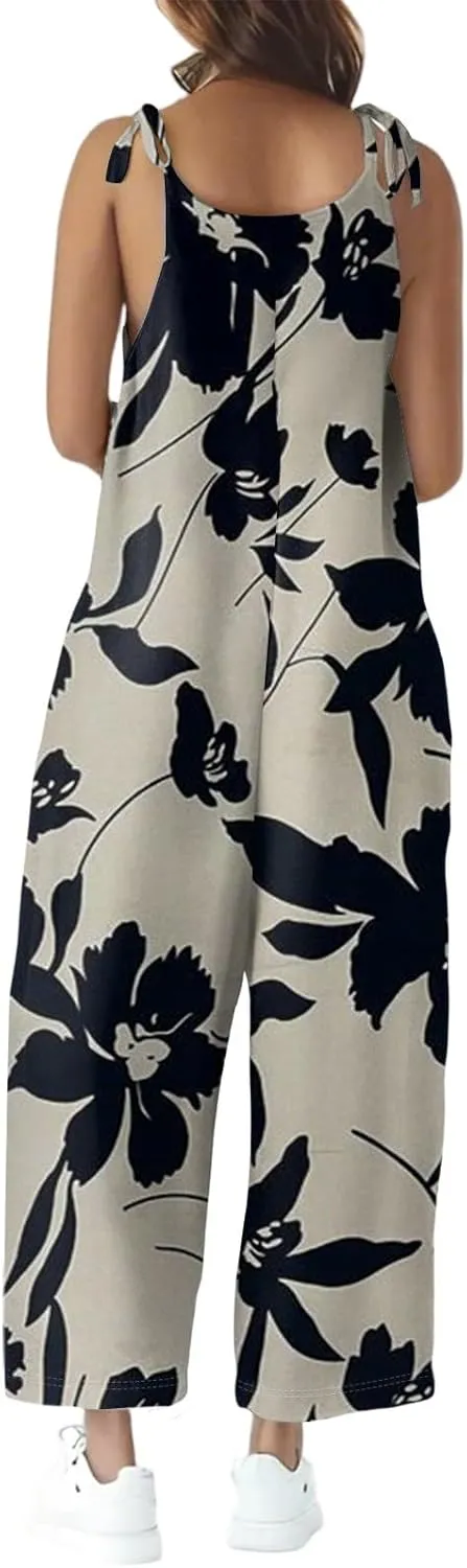 Jumpsuits For Women Spaghetti Strap Floral Sleeveless Rompers Casual Summer Loose One Piece Trendy Beach With Pockets