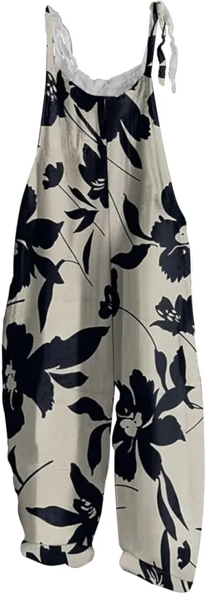 Jumpsuits For Women Spaghetti Strap Floral Sleeveless Rompers Casual Summer Loose One Piece Trendy Beach With Pockets