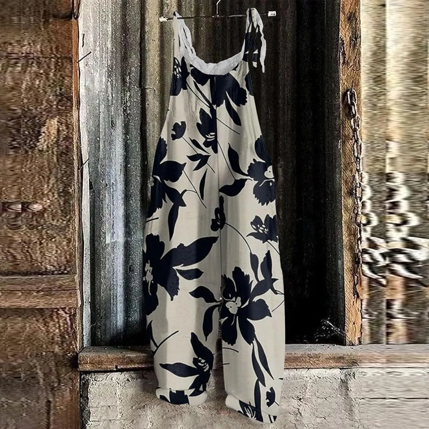 Jumpsuits For Women Spaghetti Strap Floral Sleeveless Rompers Casual Summer Loose One Piece Trendy Beach With Pockets