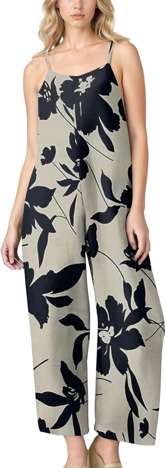 Jumpsuits For Women Spaghetti Strap Floral Sleeveless Rompers Casual Summer Loose One Piece Trendy Beach With Pockets