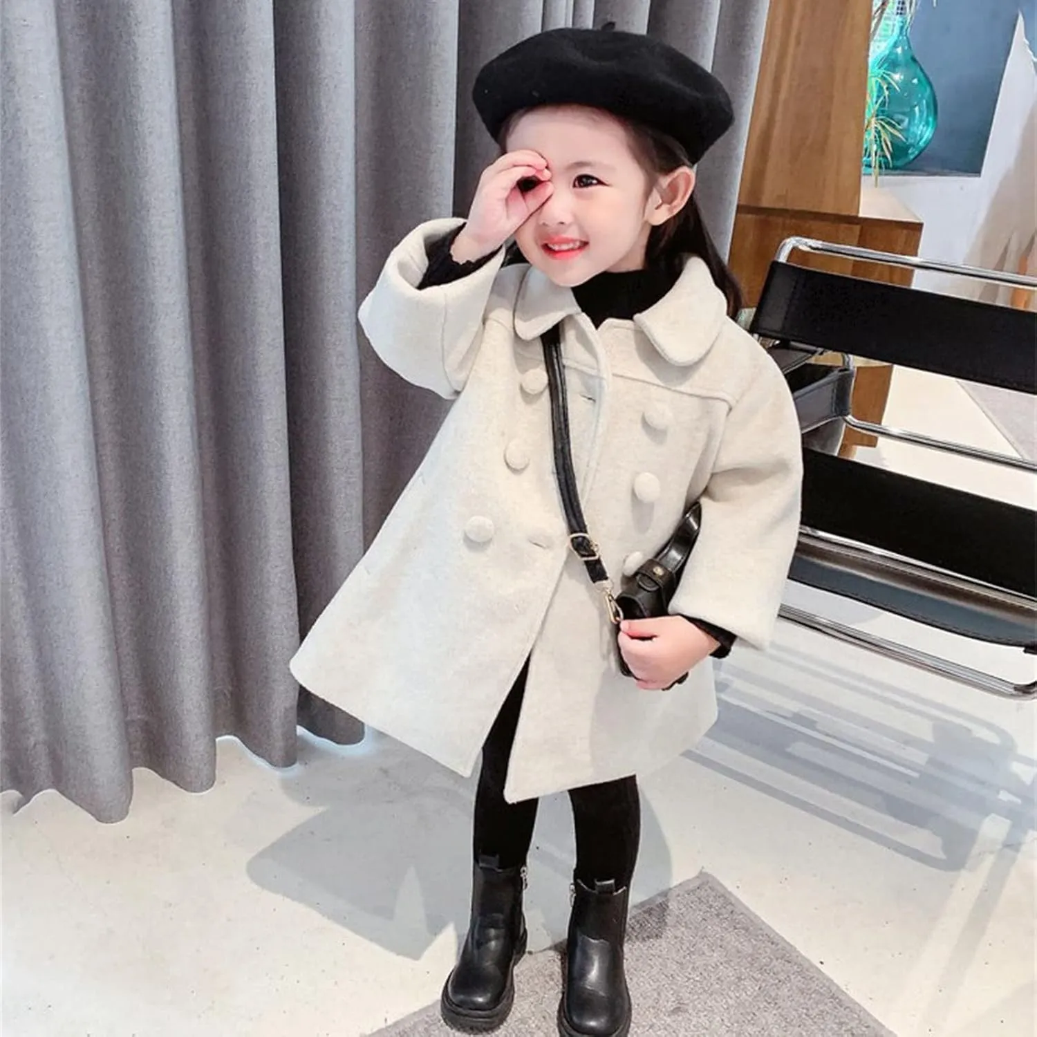 KAGAYD Toddler Girls Faux Wool Trench Coat Long Sleeve Double Breasted Jacket Warm Winter Outerwear Clothes