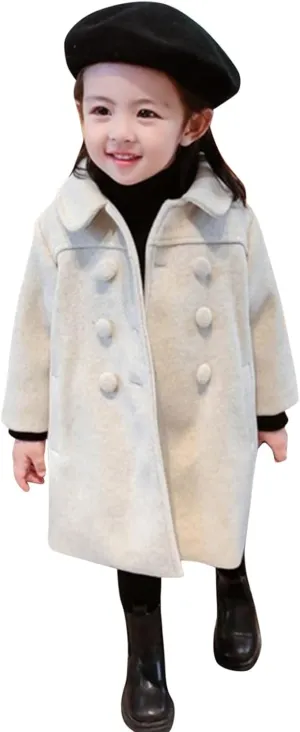 KAGAYD Toddler Girls Faux Wool Trench Coat Long Sleeve Double Breasted Jacket Warm Winter Outerwear Clothes