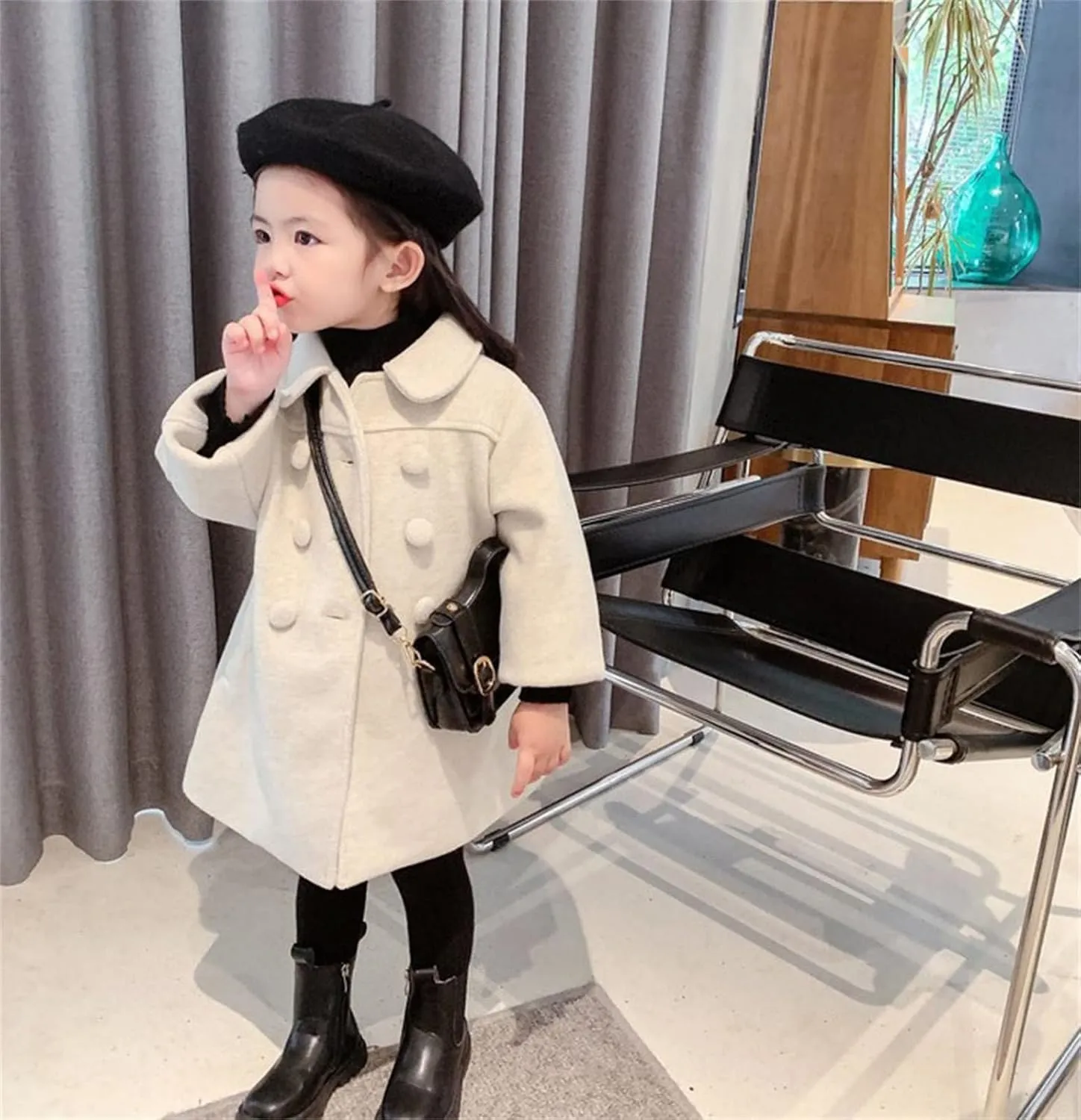 KAGAYD Toddler Girls Faux Wool Trench Coat Long Sleeve Double Breasted Jacket Warm Winter Outerwear Clothes