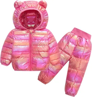 Kids Two Piece Winter Suit Baby Toddler Boy Girl Down Puffer Jackets Bear Hoods Down Coat and Pants Warm (A, 4-5 Years)