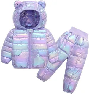 Kids Two Piece Winter Suit Baby Toddler Boy Girl Down Puffer Jackets Bear Hoods Down Coat and Pants Warm (C, 3-4 Years)