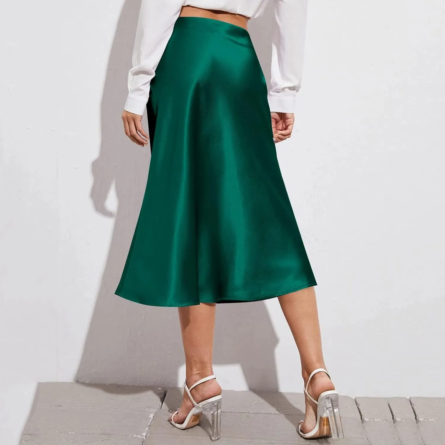 Knee Length Skirts for Women High Elastic Waist Business Satin A-Line Workout Skirts for Women Back Zipper