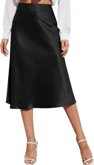 Knee Length Skirts for Women High Elastic Waist Business Satin A-Line Workout Skirts for Women Back Zipper