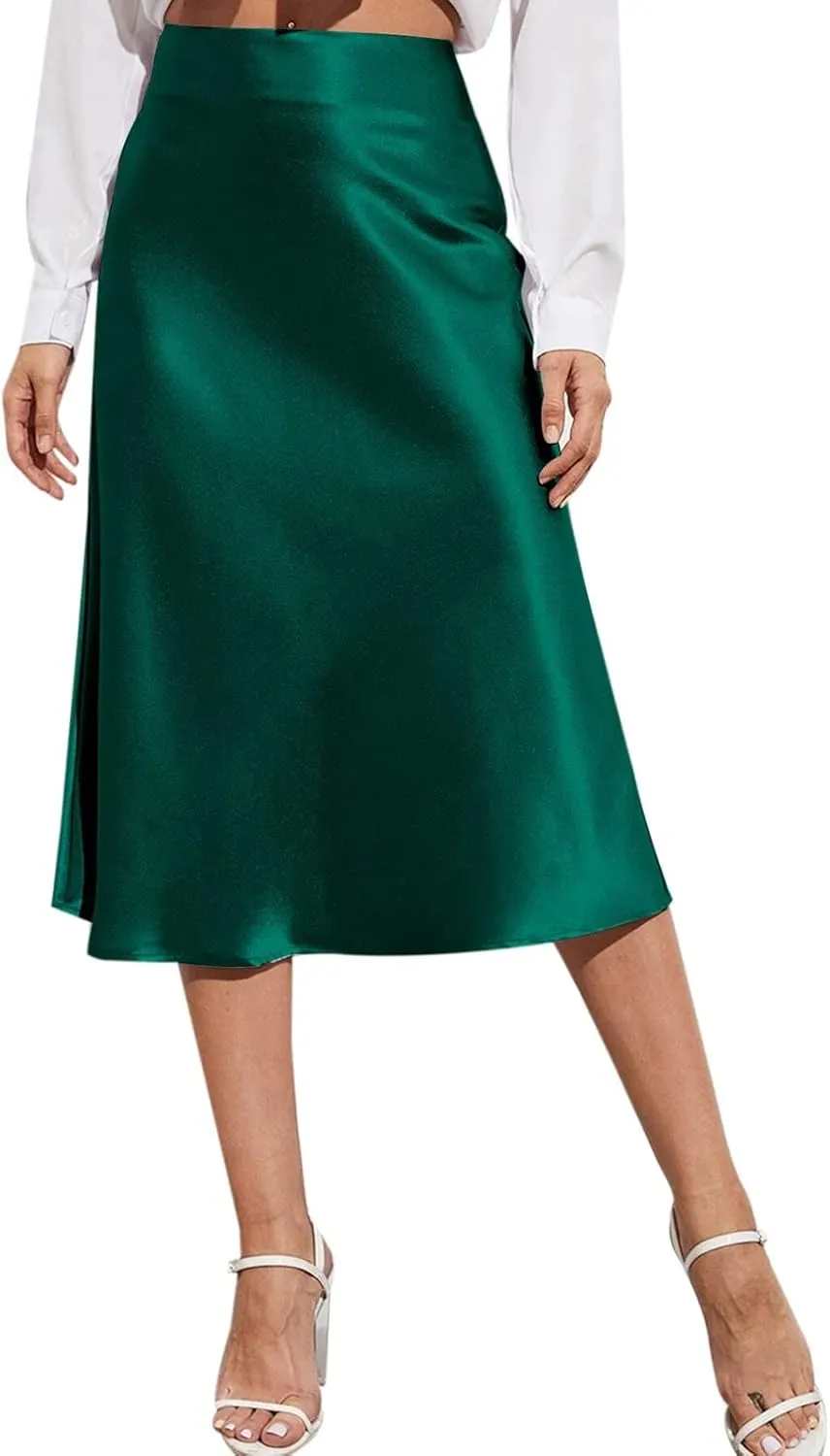 Knee Length Skirts for Women High Elastic Waist Business Satin A-Line Workout Skirts for Women Back Zipper
