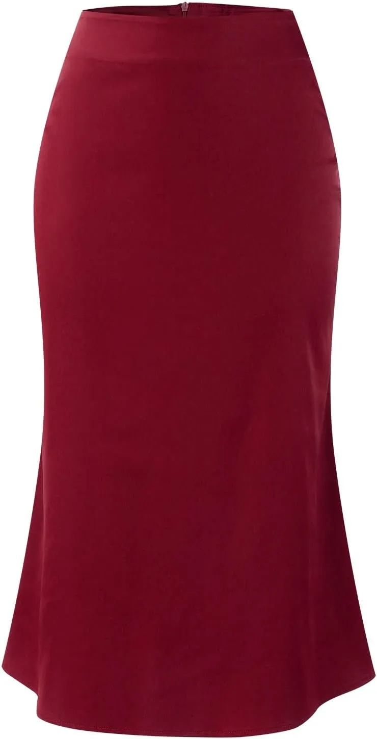 Knee Length Skirts for Women High Elastic Waist Business Satin A-Line Workout Skirts for Women Back Zipper