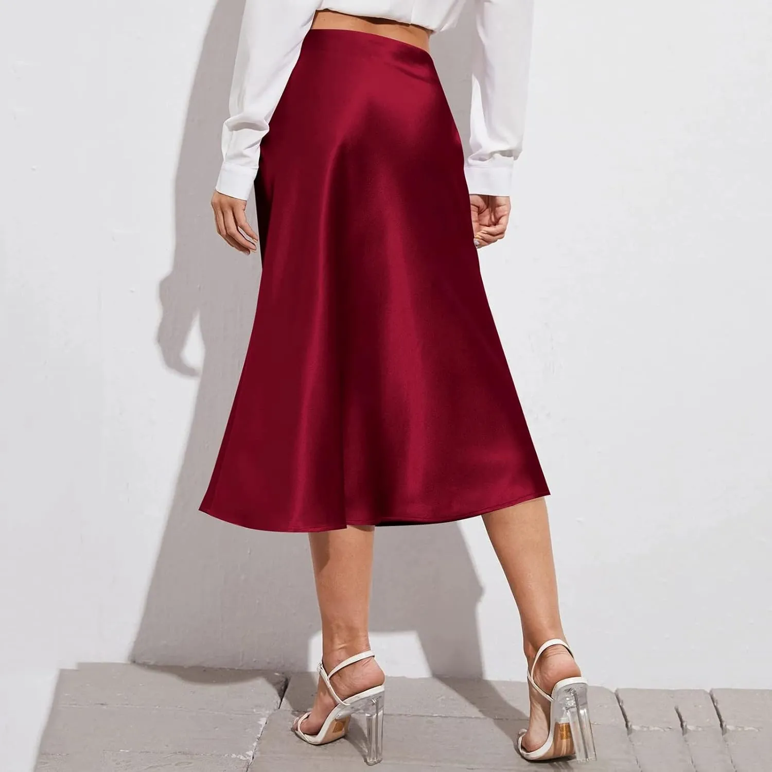 Knee Length Skirts for Women High Elastic Waist Business Satin A-Line Workout Skirts for Women Back Zipper