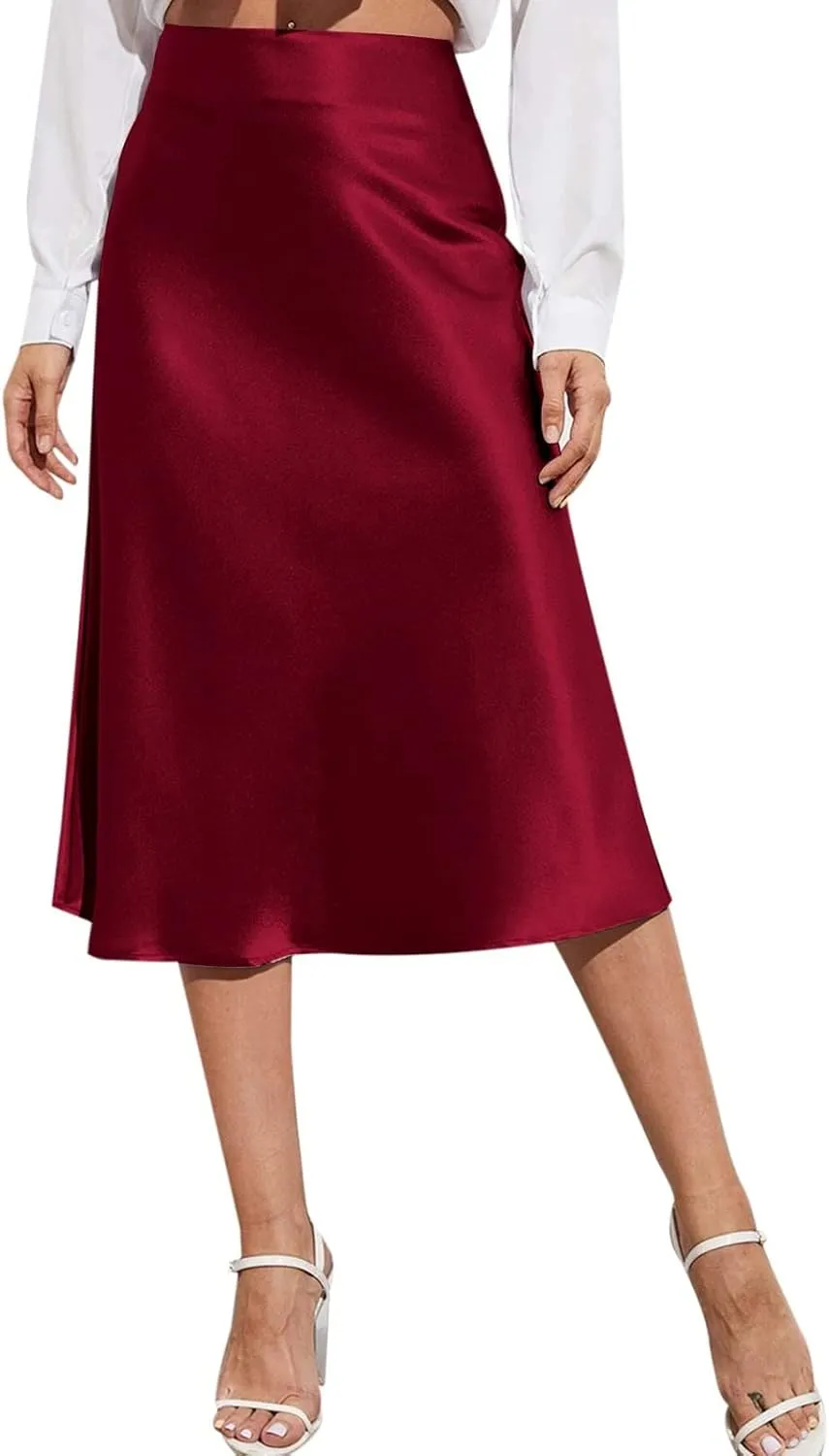 Knee Length Skirts for Women High Elastic Waist Business Satin A-Line Workout Skirts for Women Back Zipper