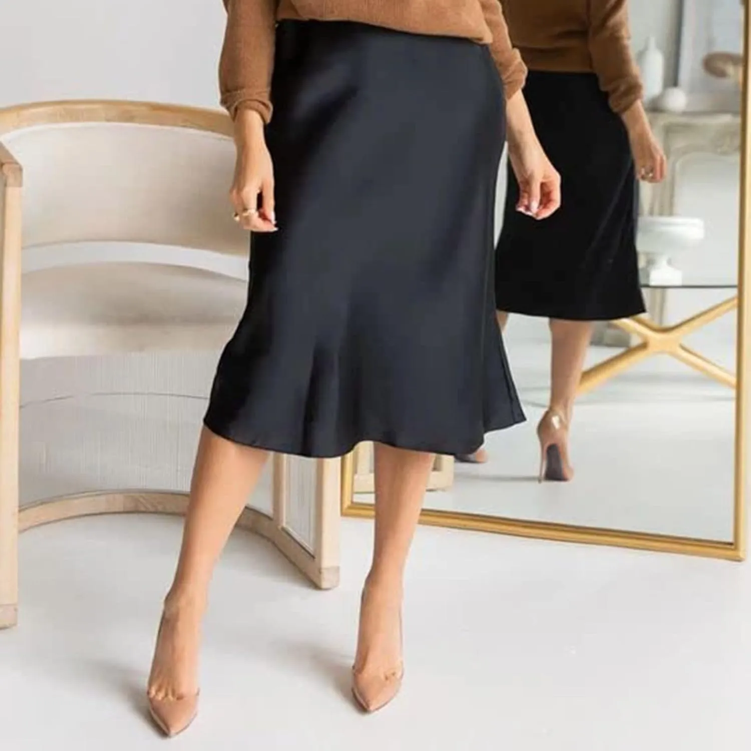 Knee Length Skirts for Women High Elastic Waist Business Satin A-Line Workout Skirts for Women Back Zipper