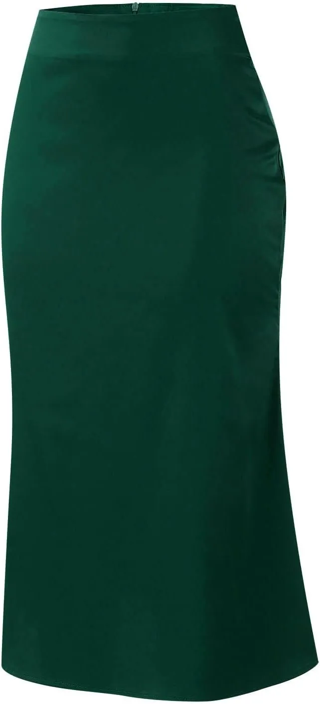 Knee Length Skirts for Women High Elastic Waist Business Satin A-Line Workout Skirts for Women Back Zipper