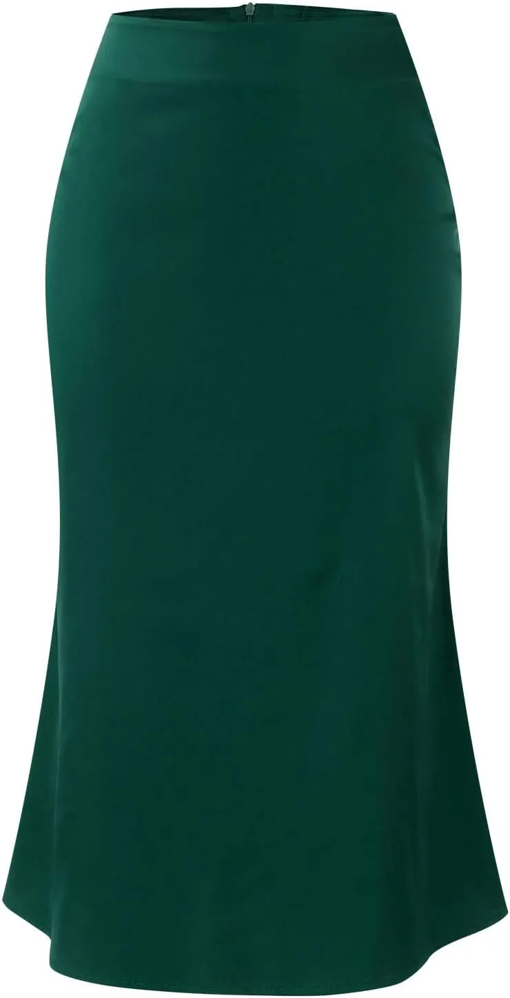 Knee Length Skirts for Women High Elastic Waist Business Satin A-Line Workout Skirts for Women Back Zipper