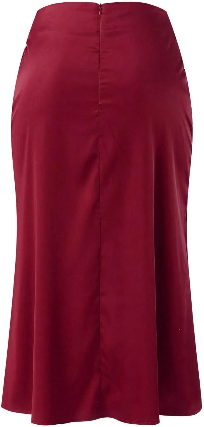 Knee Length Skirts for Women High Elastic Waist Business Satin A-Line Workout Skirts for Women Back Zipper