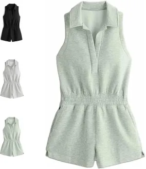Knit Polo Romper for Womem 2024, Ladies Sleeveless Cozy Set Casual Playsuit V-Neck Knitted Athletic Short Jumpsuit
