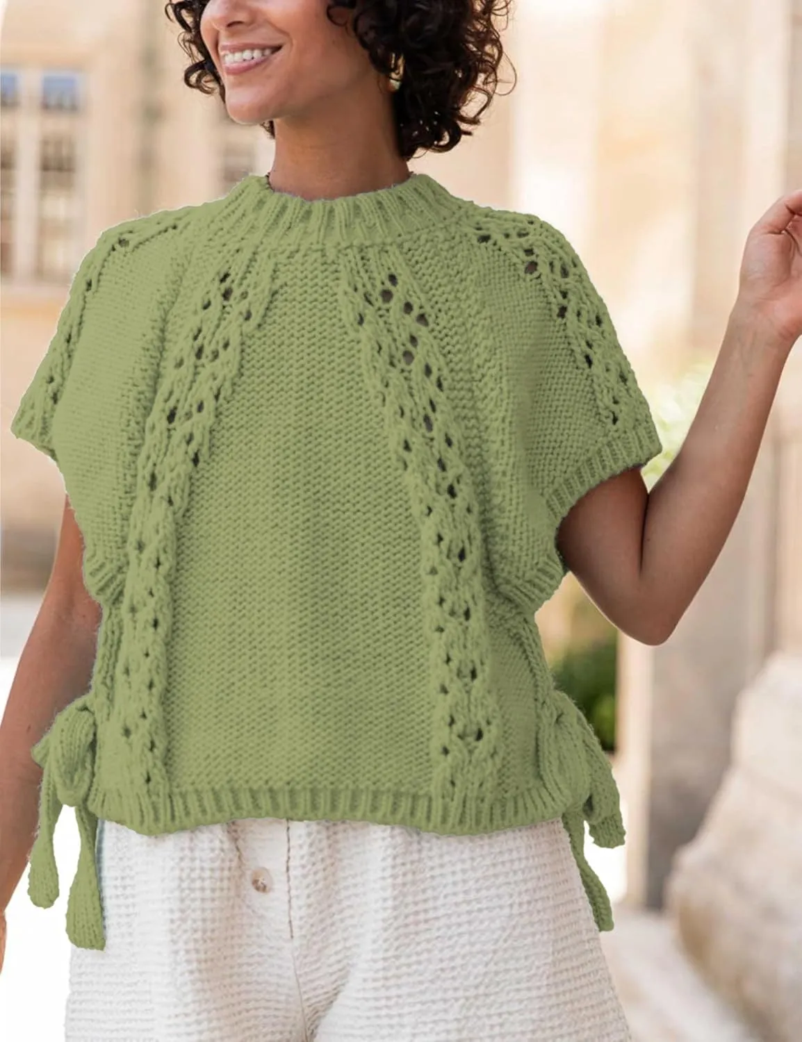 Knitted Tops Short Sleeve Sweater for Women Lace Up Crew Neck Crochet Tops Hollow Out Pullover Shirts