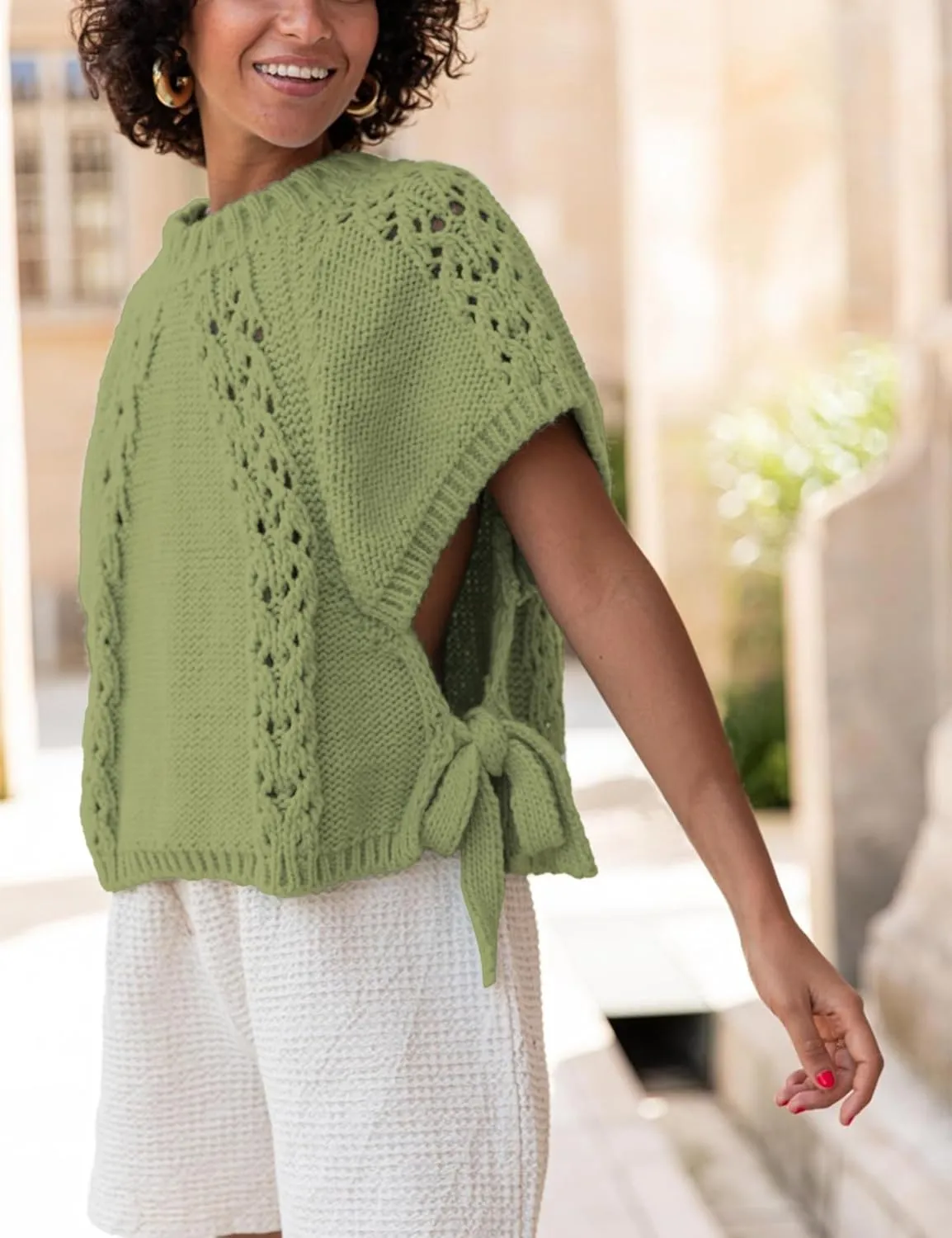 Knitted Tops Short Sleeve Sweater for Women Lace Up Crew Neck Crochet Tops Hollow Out Pullover Shirts