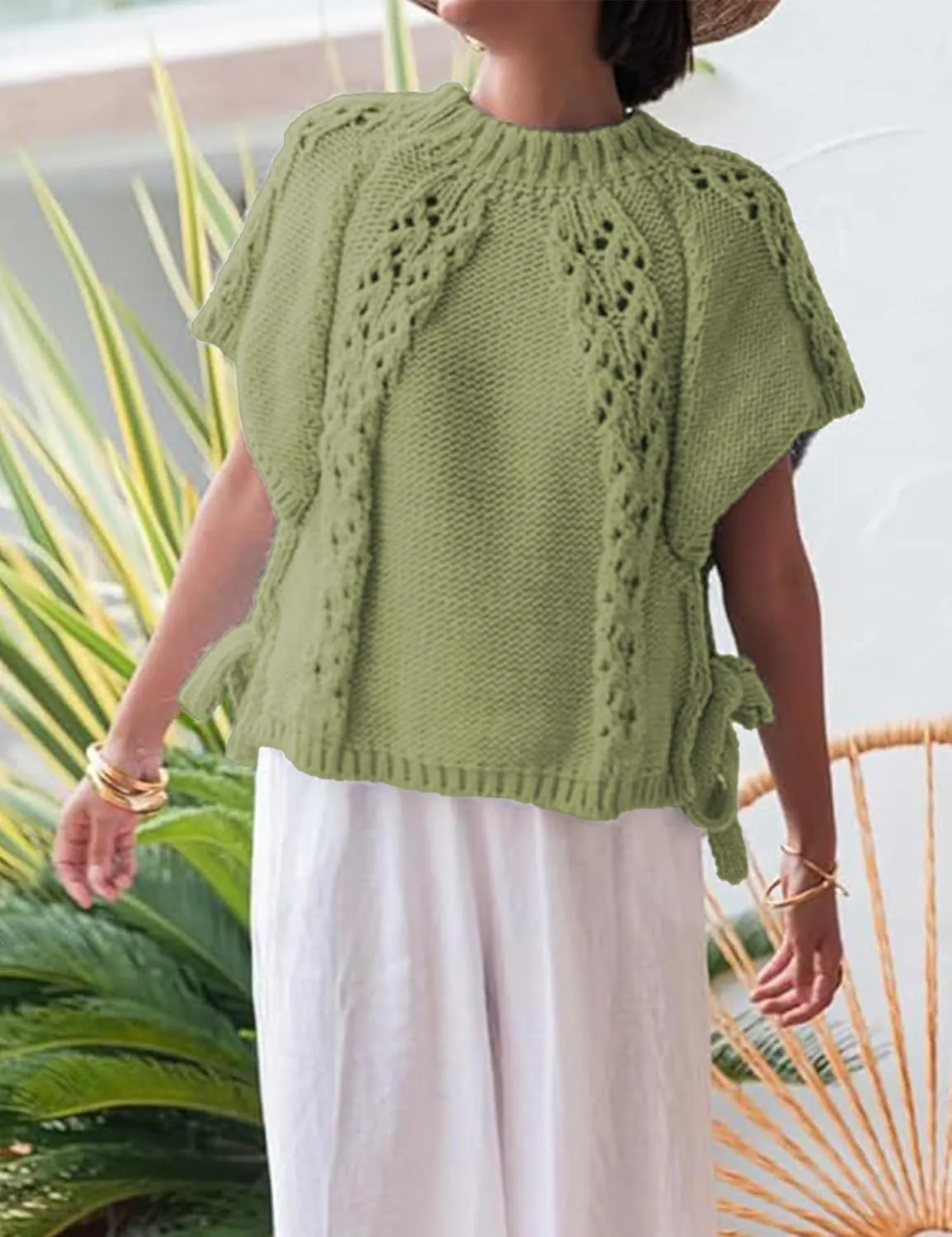 Knitted Tops Short Sleeve Sweater for Women Lace Up Crew Neck Crochet Tops Hollow Out Pullover Shirts