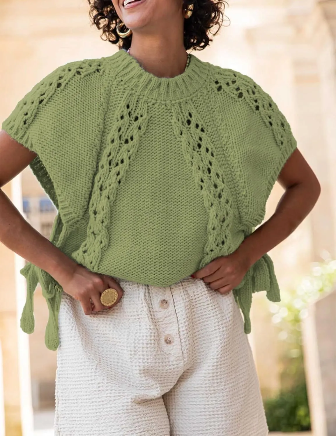 Knitted Tops Short Sleeve Sweater for Women Lace Up Crew Neck Crochet Tops Hollow Out Pullover Shirts