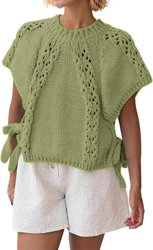 Knitted Tops Short Sleeve Sweater for Women Lace Up Crew Neck Crochet Tops Hollow Out Pullover Shirts
