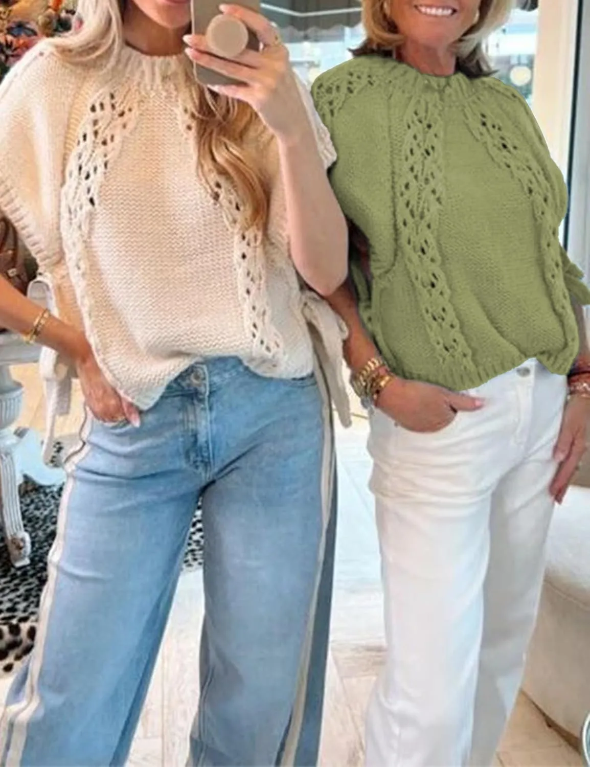 Knitted Tops Short Sleeve Sweater for Women Lace Up Crew Neck Crochet Tops Hollow Out Pullover Shirts