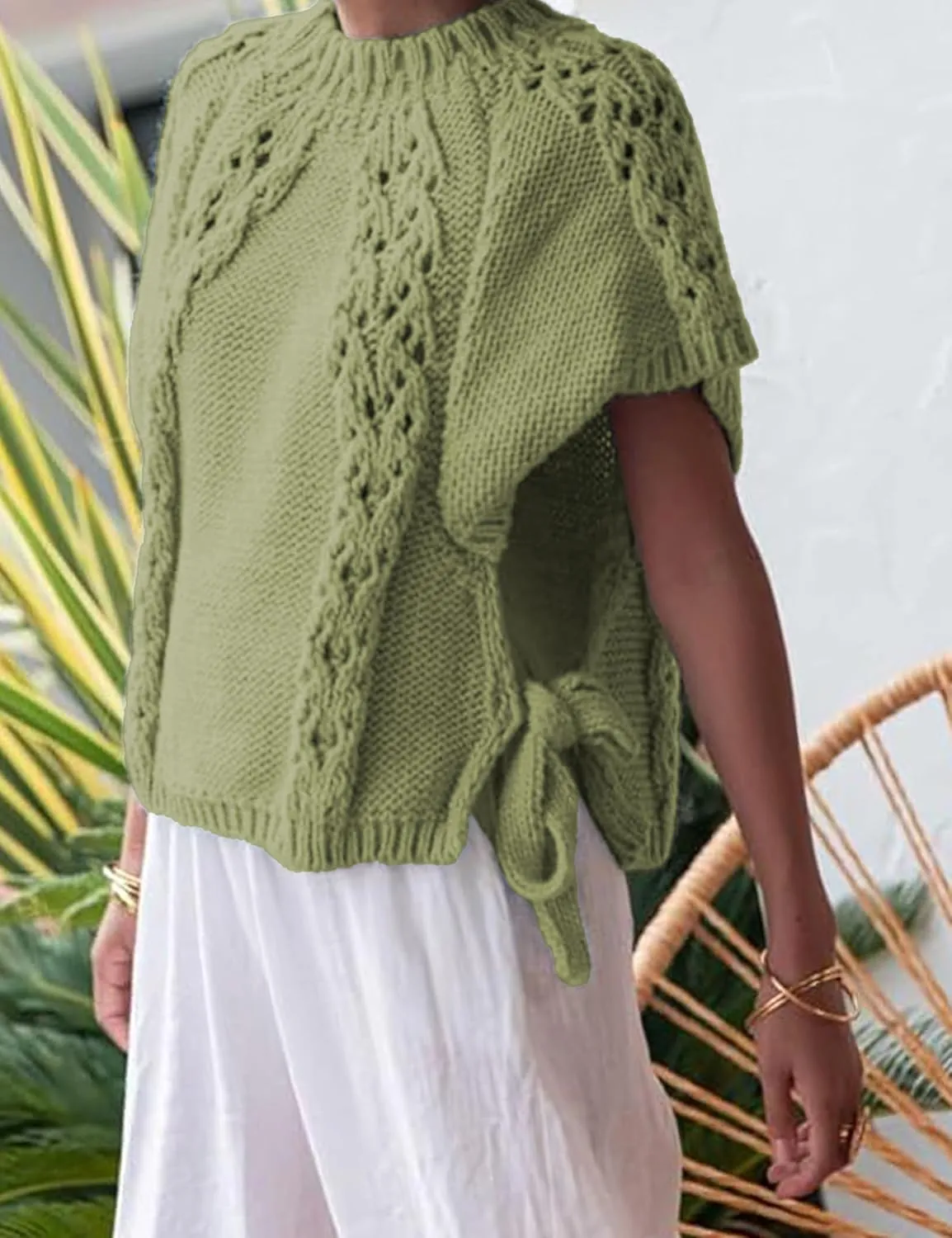 Knitted Tops Short Sleeve Sweater for Women Lace Up Crew Neck Crochet Tops Hollow Out Pullover Shirts